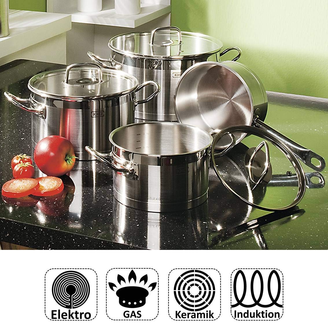 KHG Topfset 4-teilig Edelstahl Induktion Kochtopf 16 cm, 20 cm, 24 cm mit Glasdeckel, 16 cm Kasserolle Innenskala, spülmaschinengeeignet