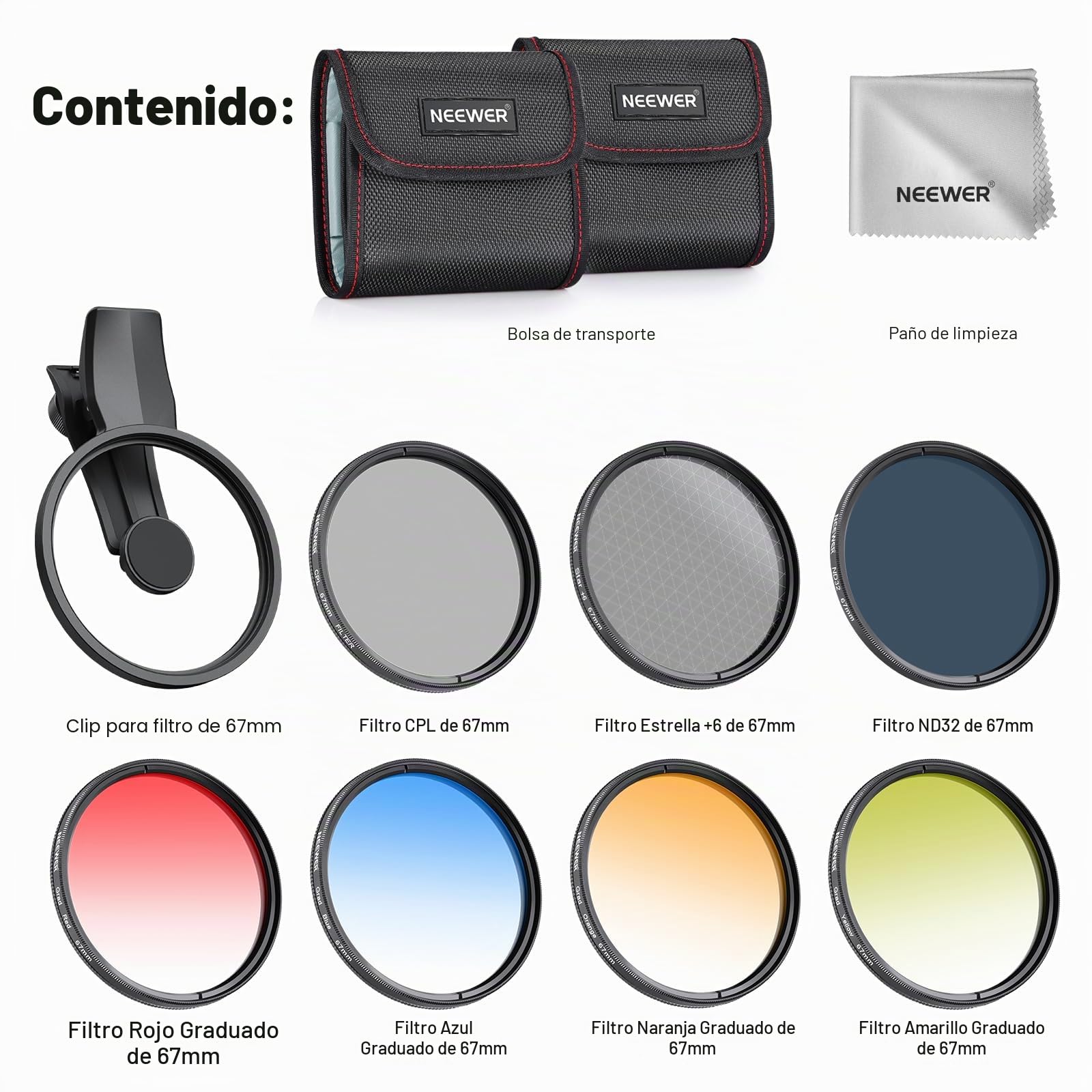 NEEWER Juego de 7 67mm Filtros ND, Compatible con Android Samsung Google Pixel Huawei Xiaomi Clip On CPL+ ND32 + Starlight + GND(Rojo/Naranja/Amarillo/Azul), Kit Accesorios Foto Lentes Cámara, FL-P11