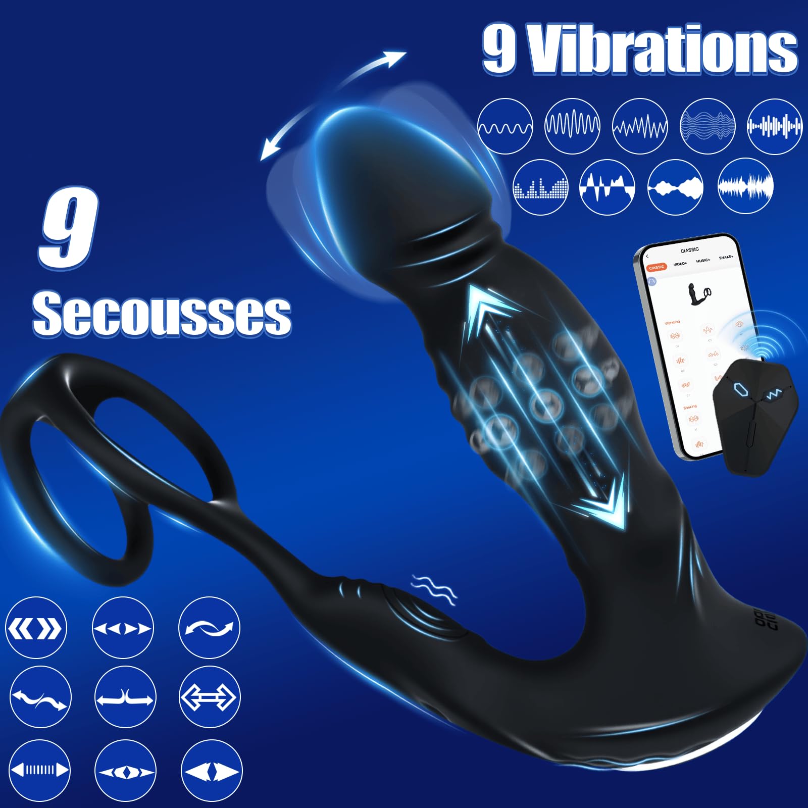 Masseurs de Prostate Vibrant Anal Plug Vibrator Gode Homme pour Anus | Double Anneau Masseur Prostate de Queue en Silicone avec 9 Modes de Vibration Jouets Sexuels Anaux Vibromasseur Anal Sex Toýs