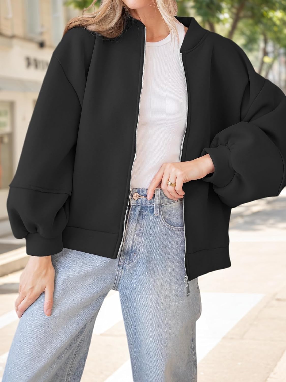 Fisoew Womens Zip Up Sweatshirt Casual Bomber Jacket Lantern Sleeve Oversized Jacket Fall Outfits 2025 - Image 3