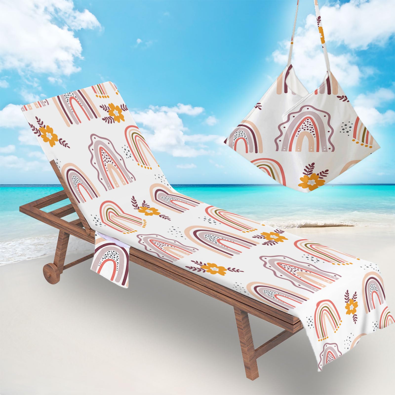 RRrawgff Sun Lounger Beach Towel with Pockets, Rainbow Pattern Beach Lounger Towel Beach Chair Cover Towel Fitted Microfiber Sunbed Towel Sun Lounger Towels for Summer Vacation (Flowers)