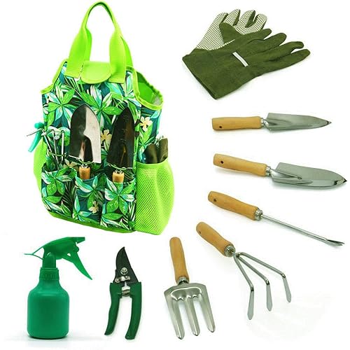 9-Piece Garden Tools Set with Gloves and Colorful Tote - Gardening Hand Tools Kit with Storage Bag