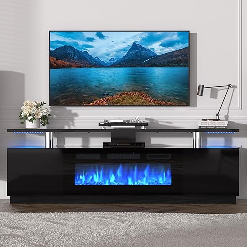 PeakPursuit 70'' Fireplace TV Stand with 36'' Firplace, Electric Fireplace Heater with 12 Frame and LED Light Colors, 2 Tier TV Console Cabinet, Entertainment Center, Black