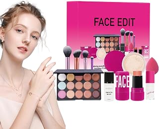 Travel Makeup Kit, Full Starter Makeup Set,Non-Staining Travel Cosmetic Pack - Makeup Must Have Set for Daily Commutes, Travel, Parties, Leisure, Weddings | Ansiktsmakeupförsörjning inkluderar grundare, pulverpuff, lösa pulver för salonger, personlig användning