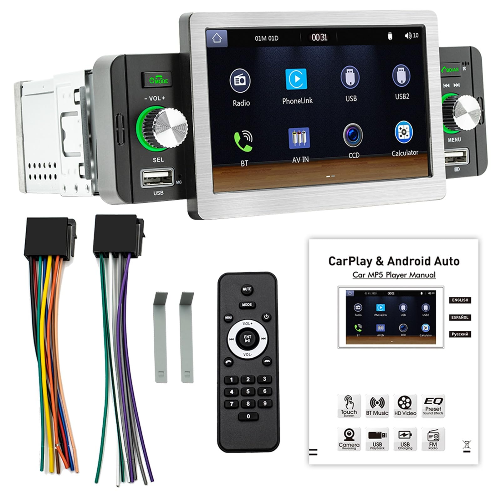 5-calowy samochodowy odtwarzacz stereo MP5 Jednodinowy bezprzewodowy odbiornik Carplay Android Auto - Bluetooth 5.1 Radio FM z RDS i ekranem dotykowym z ładowaniem USB Odtwarzanie