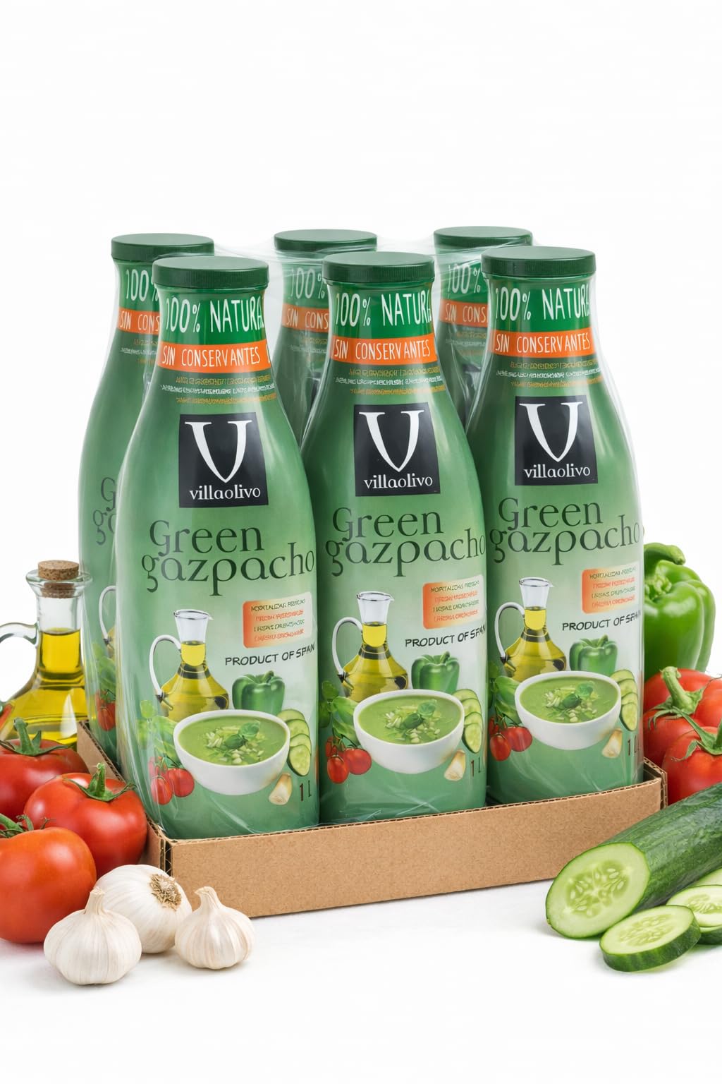 Villaolivo - Gazpacho Verde Villaolivo 1 Litro "Pack 6 Unidades" 100% Natural, sin conservantes ni aditivos.