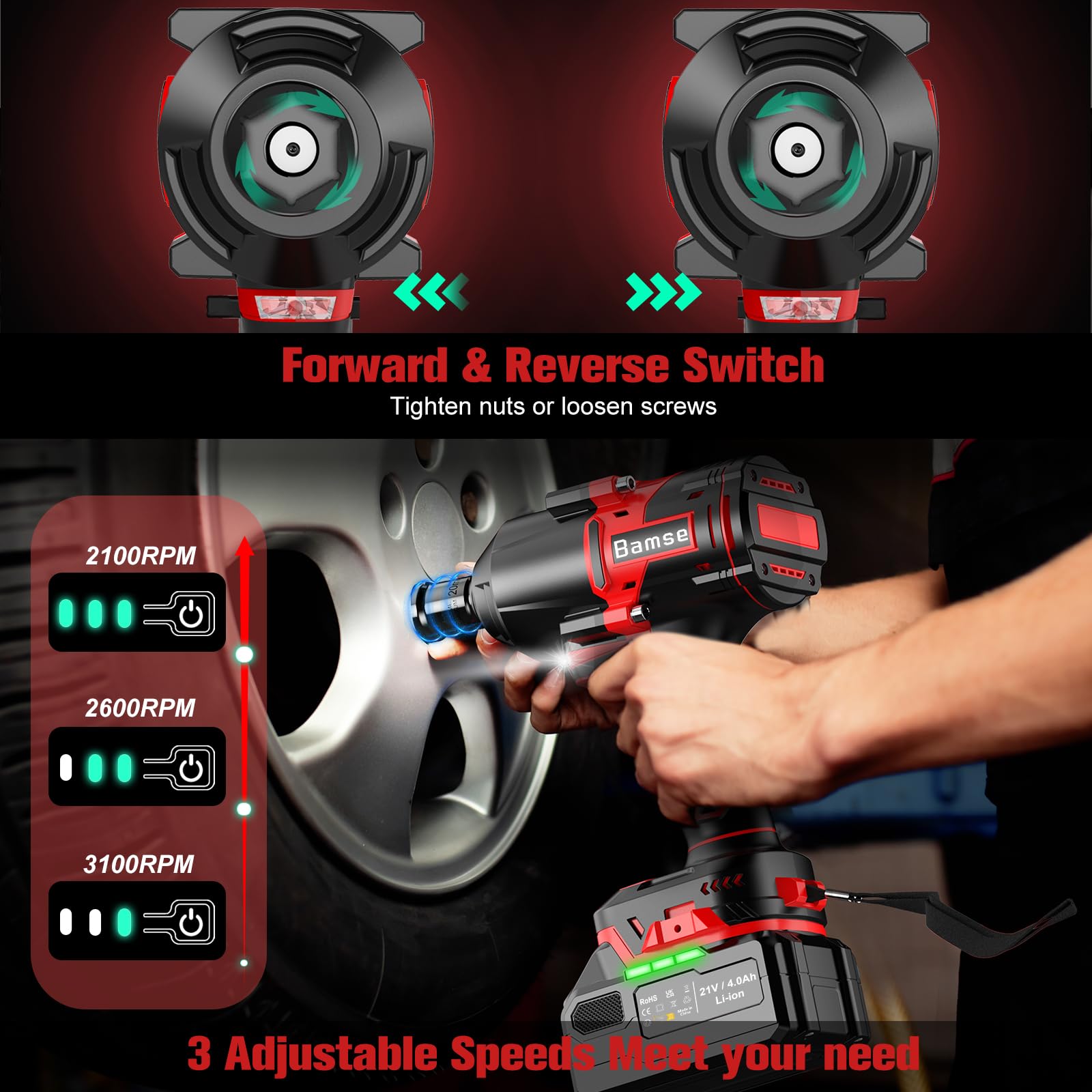 Bamse Avvitatore a Impulsi Brushless, 1000 Nm di Coppia Massima, Chiave a Percussione 1/2" ad Alta Potenza con Batterie da 4,0 Ah e Caricabatterie, 5 Bussole, Trapano a Impulsi Brushless per Auto Casa