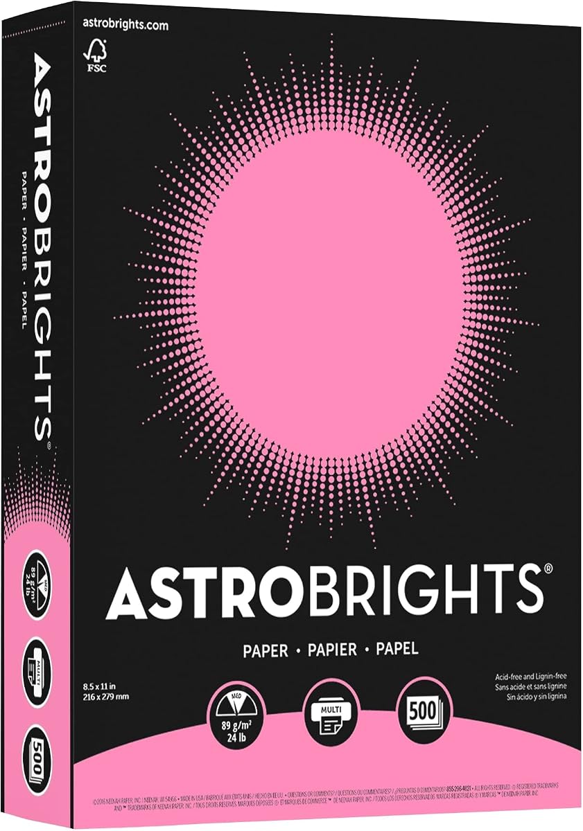 Paper Astrobrights Color Paper, 8.5” x 11”, 24 lb/89 GSM, Pulsar Pink, 500 Sheets (21038)