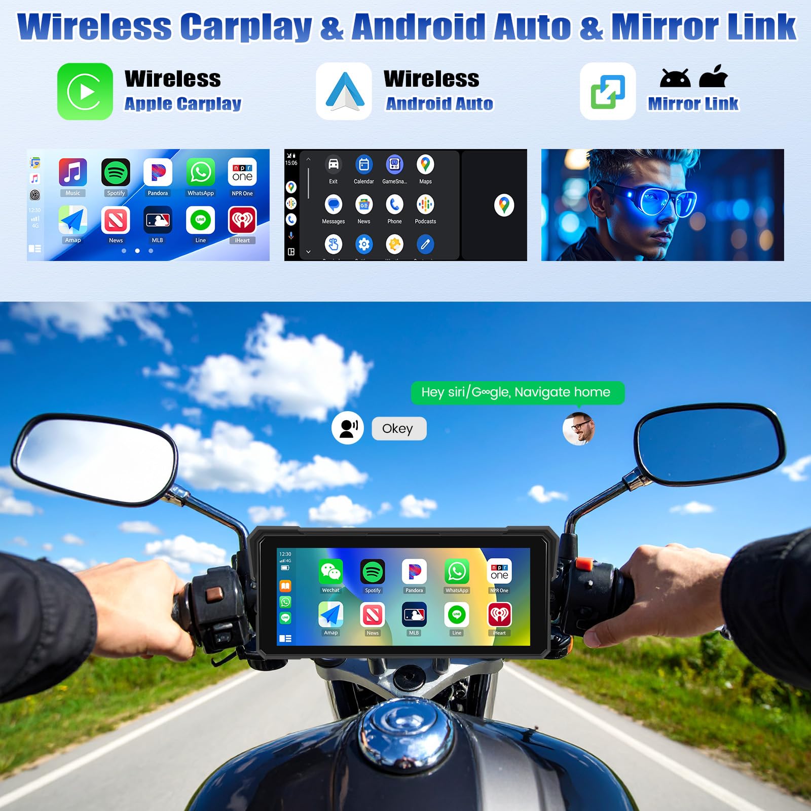 [2025] CAMECHO Senza Fili Carplay 8.1 Pollice Moto Schermata con Android Auto IP68 impermeabile, Touchscreen Navigatore con Bluetooth Airplay Android Cast EQ Suono Ampia Adattabilità +1600 * 600 HD
