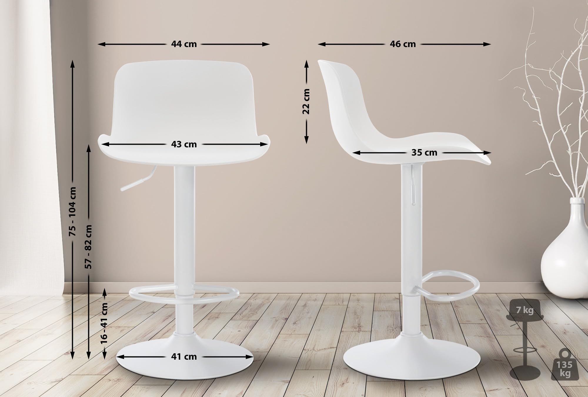 CLP Sgabello da Bar Seduta in plastica Almada I Sgabello da Bar Regolabile in Altezza I Girevole a 360° con Schienale e poggiapiedi, Colore:Bianco