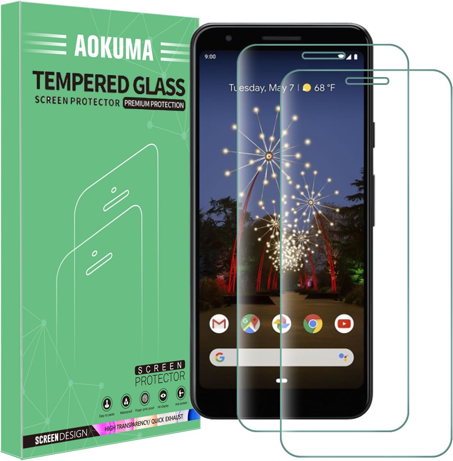 AOKUMA Google Pixel 3a Tempered Glass Screen Protector, [2 Pack] Premium Quality Guard Film, Case Friendly, Comfortable Round Edge,Shatterproof, Shockproof, Scratchproof oilproof