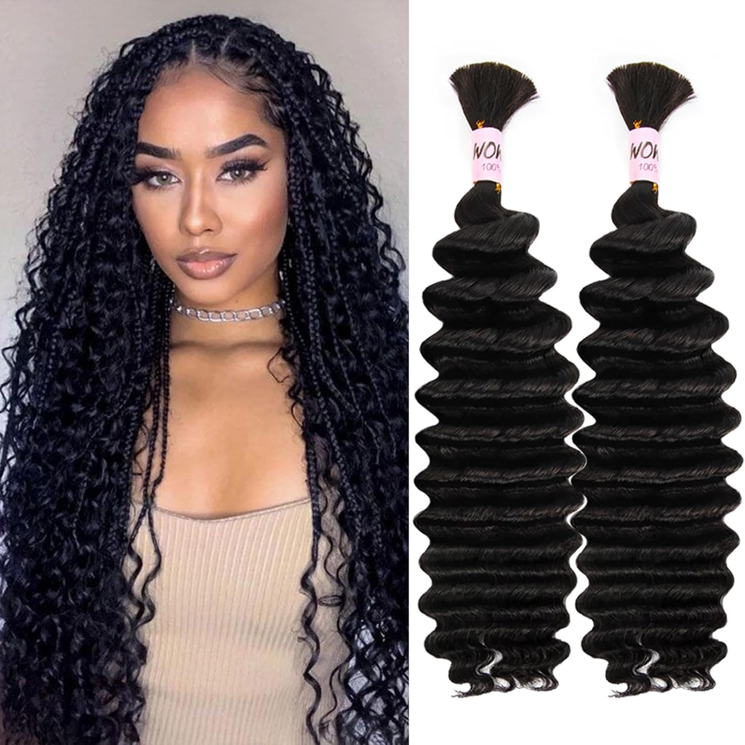 Human Braiding Hair for Boho Braids, 100 Percent Wet and Wavy Human Hair for Boho Knotless 12A Deep Wave Boho Human Braiding Hair Curly Hair Extensions 100g 2 Bundles Natural Color,22 Inch