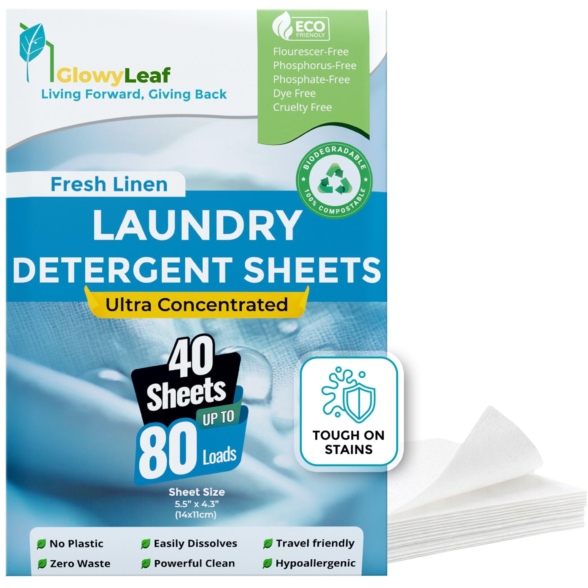 Hojas de detergente para ropa (lino fresco) – 80 cargas, sin jarra de plástico pesado, hojas de detergente concentrado fáciles de usar (ideal para viajes)