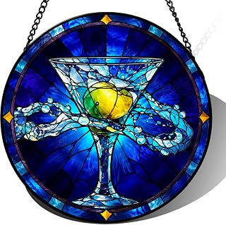 Martini Stained Glass Suncatcher Blue Cocktail Window Hanging for Bar Decor Unique Gift for Her Him Birthday Housewarming Art Glass Ornament Home Wall Art (Mixed,6.3×6.3IN)