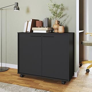 Armário para Escritório Baixo 2 Portas 2 Prateleiras com Rodízios MDP 12mm Preto