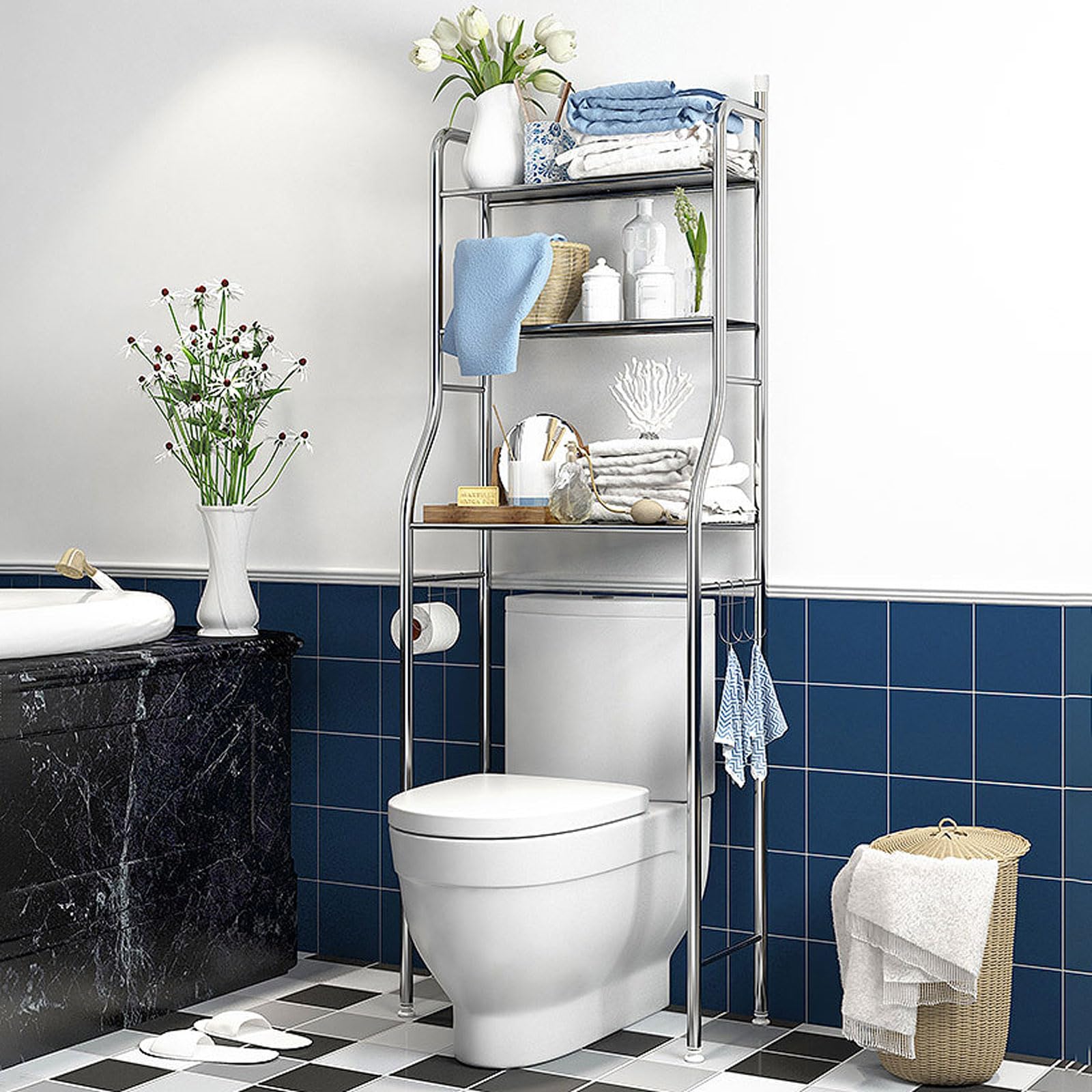 3-Tier Over Washing Machine Storage Unit,Toilet Holder,Washer Dryer Stand Stacking Kit With Countertop,Bathroom Space Saving Organizer Rack,for Bathrooms,Laundry Rooms,Balconies,Porches