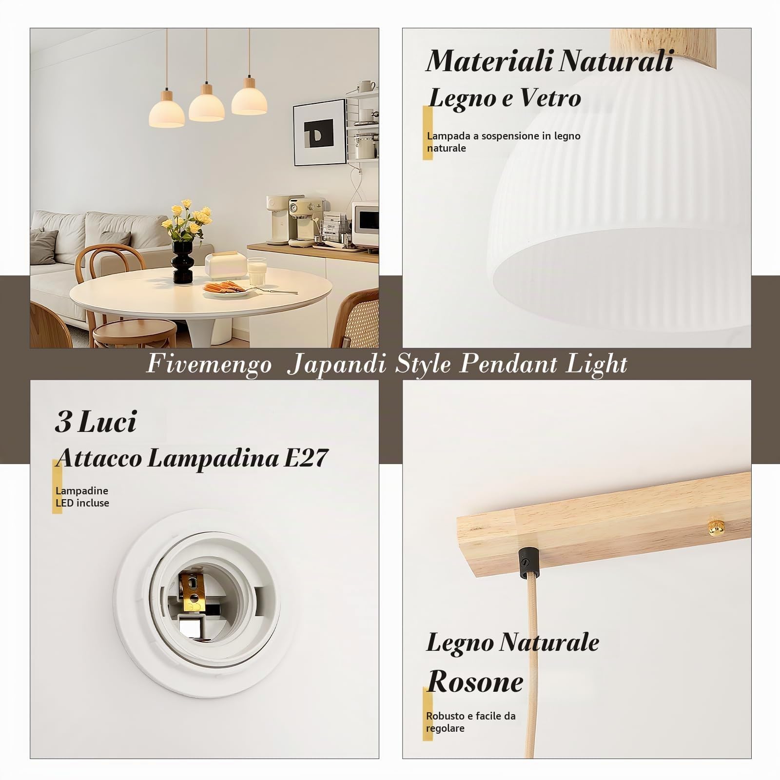 Lampadario Soggiorno 3 Luci,Legno E Vetro Bianco Lampadario Camera Da Letto E27 Regolabile In Altezza Cucina Lampadari Per Cameretta Salotto