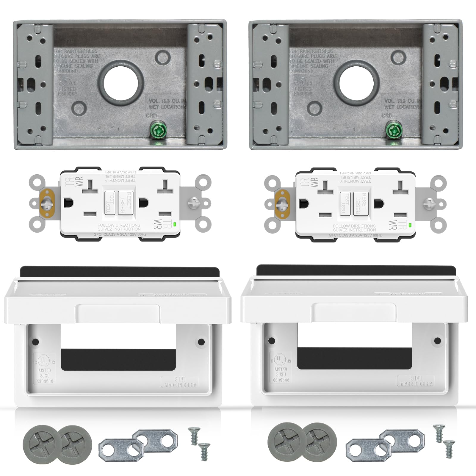 ELEGRP GFCI Lot de 2 prises électriques avec plaque murale horizatale résistante aux intempéries, 20 A, WR, blanc