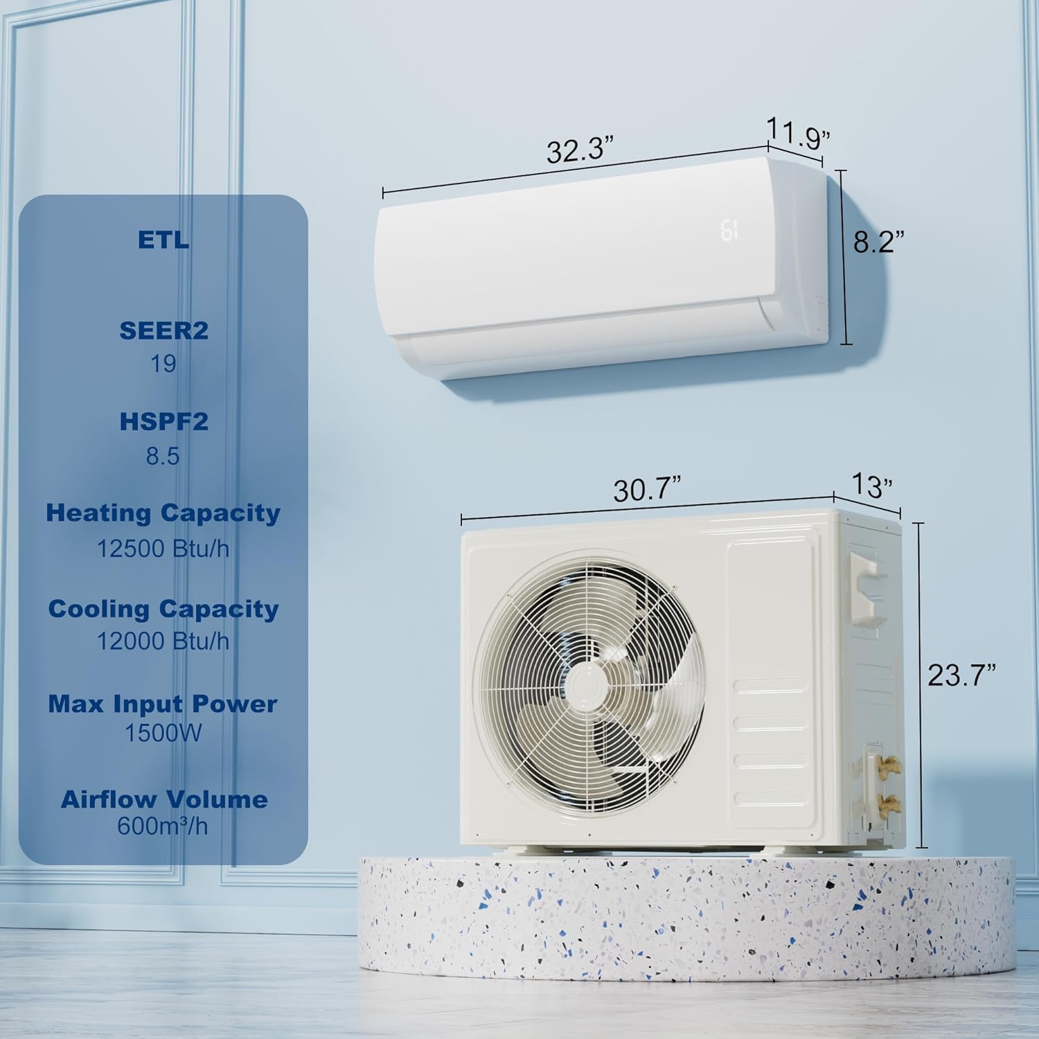 Diagram showing the dimensions of both the indoor and outdoor units of the Uthfy Mini Split AC/Heating System.