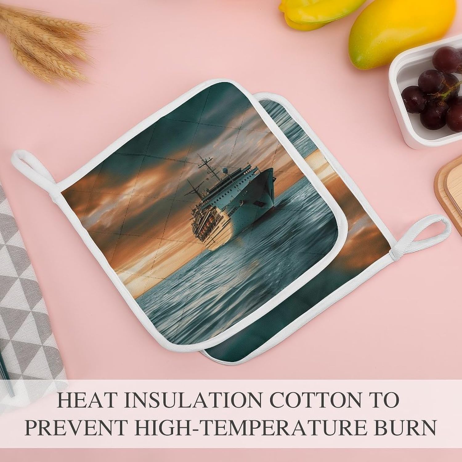 Pot Holder Set of 2 Cruise Ship Printed Potholders for Kitchens Heat Resistant & Non Slip Potholders for Kitchen Cooking Baking BBQ