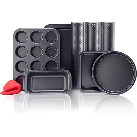 KITESSENSU Baking Pans Sets Nonstick, Bakeware Set with Round Cake Pan, Square Cake Pan, Loaf Pan, Cup Muffin Pan, Baguette Pan, Cookie Sheet & Silicone Oven Mitts, Carbon Steel Bake Set 7-Piece