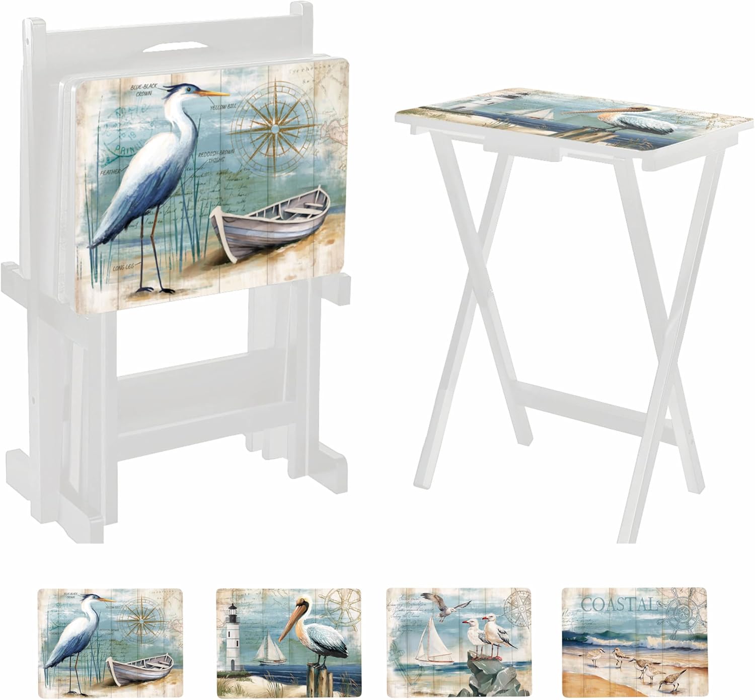 Cape Craftsmen Rectangular TV Trays White Tables | Set of 4 | Easy Folding Couch Trays with Storage Rack | Decorative Portabe Serving Tables for Home Activities (Seashore Birds, Set of 4)