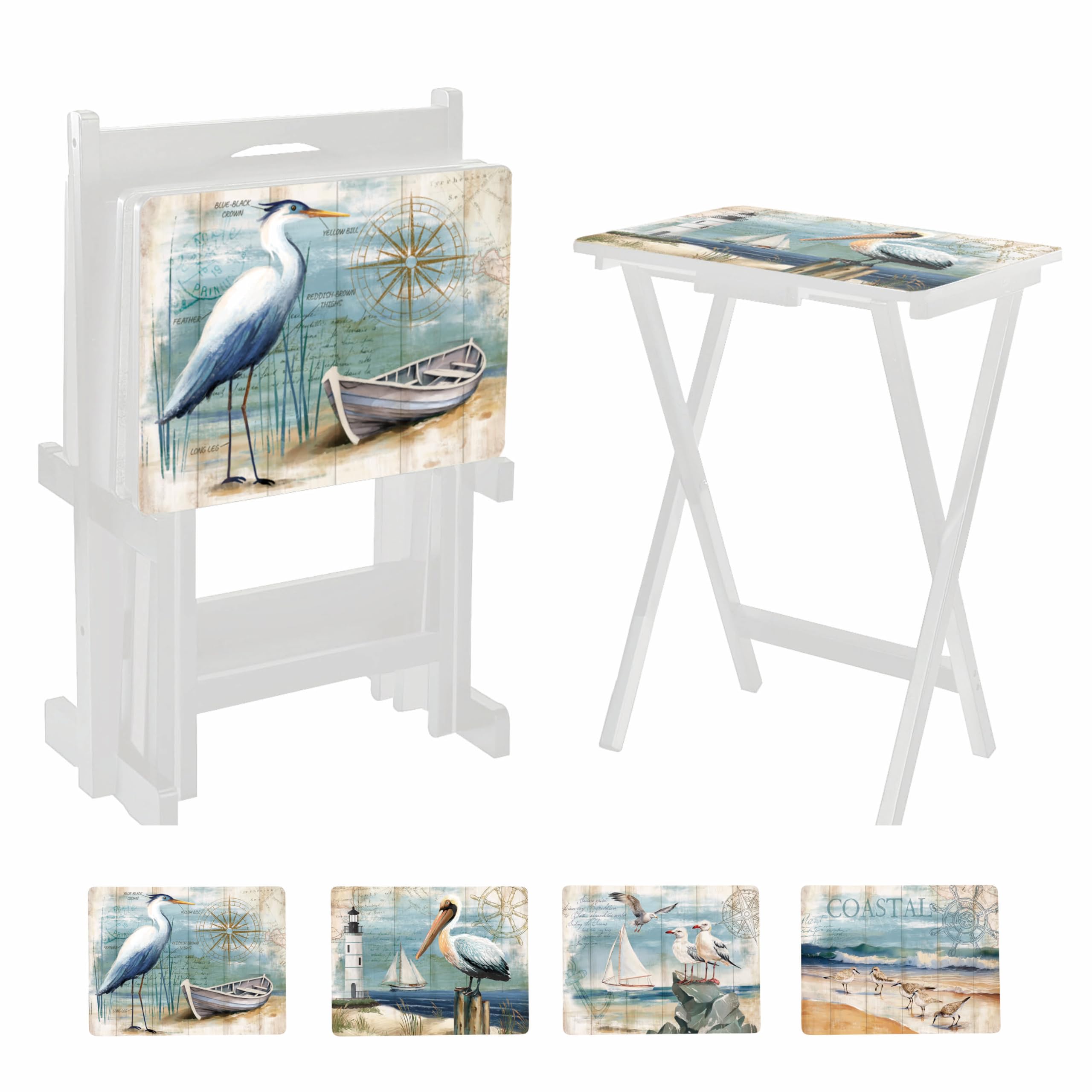 Cape Craftsmen Rectangular TV Trays White Tables | Set of 4 | Easy Folding Couch Trays with Storage Rack | Decorative Portabe Serving Tables for Home