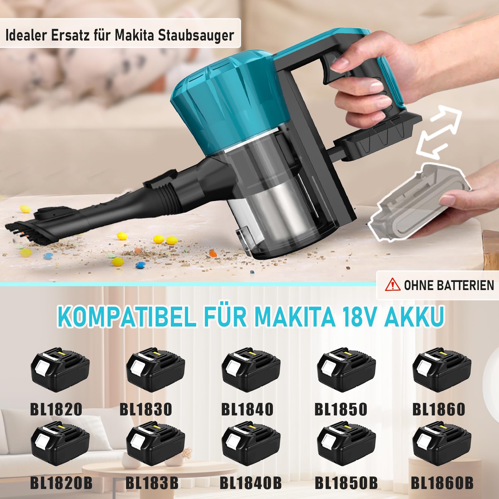 Odkurzacz akumulatorowy do akumulatora Makita 18 V, 45000 Pa, 550 W, bezprzewodowy odkurzacz z filtrem HEPA, lekki odkurzacz ręczny 6 w 1, do sierści zwierząt, dywanów i twardych podłóg (bez baterii)
