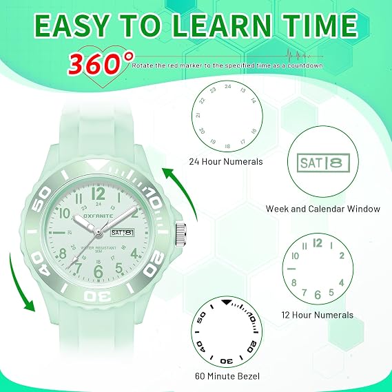 Waterproof Nurse Watch for Medical Professionals,Students, Women Men, Military Time Easy to Read Dial, 24 Hour with Second Hand, Soft and Breathable Silicone Band, 9002-green