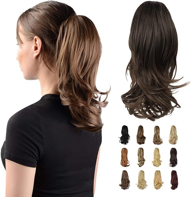 Sofeiyan 13" Ponytail Extension Long Curly Ponytail Clip in Claw Hair Extension Natural Looking Synthetic Hairpiece for Women,Black/Medium Chestnut Brown Mix