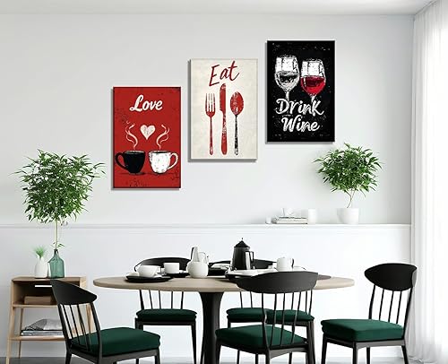 Miniatura 4 de 3 piezas de lienzo de cocina, arte con texto en inglés "Love Eat Drink", decoración de pared, tenedor, cuchillo, café, vino, impresiones negras y