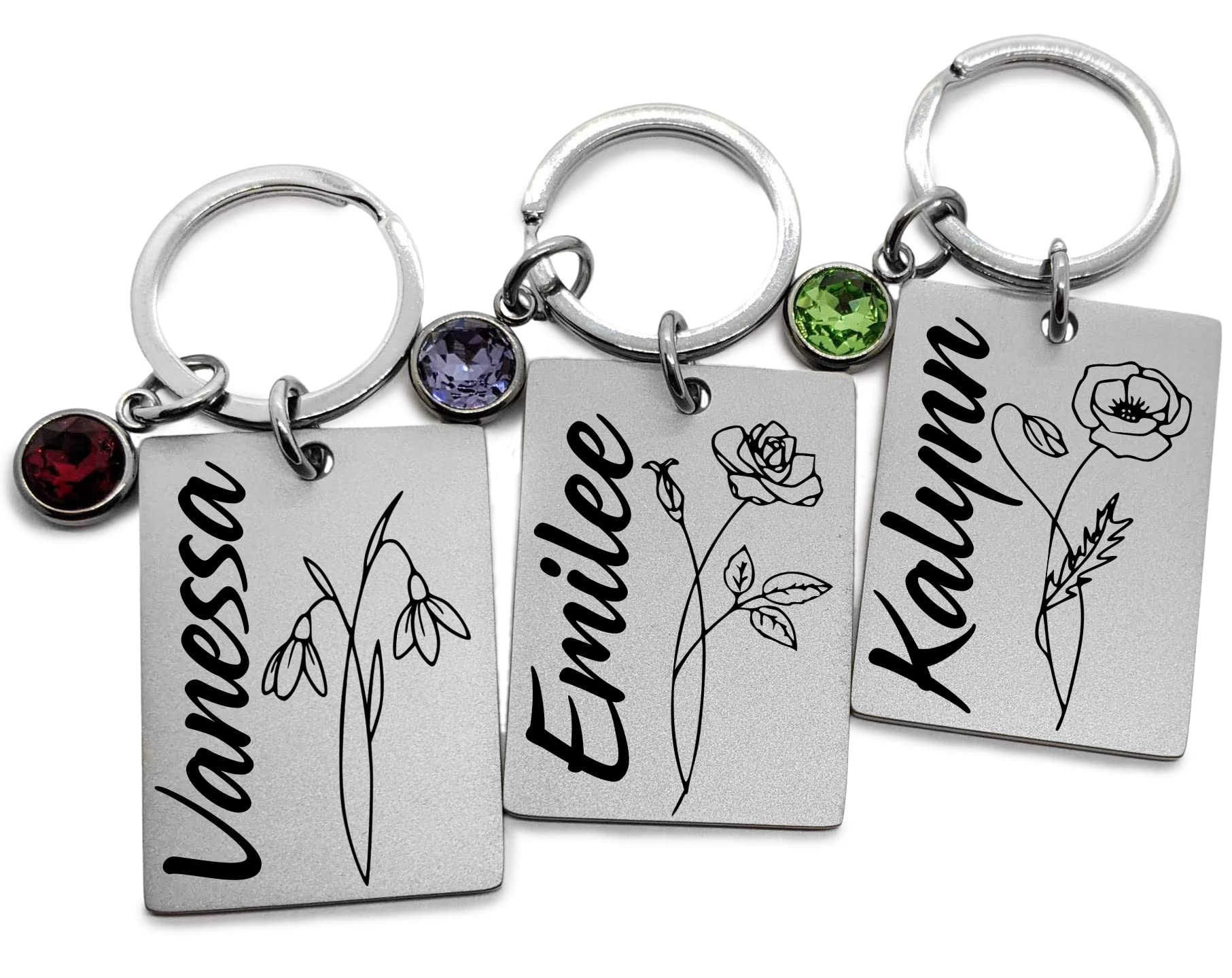 Birth Flower Keychain - Personalized Name -Birthstone Charm - Gift For Mom - Best Friend - Sister - Custom Engraved