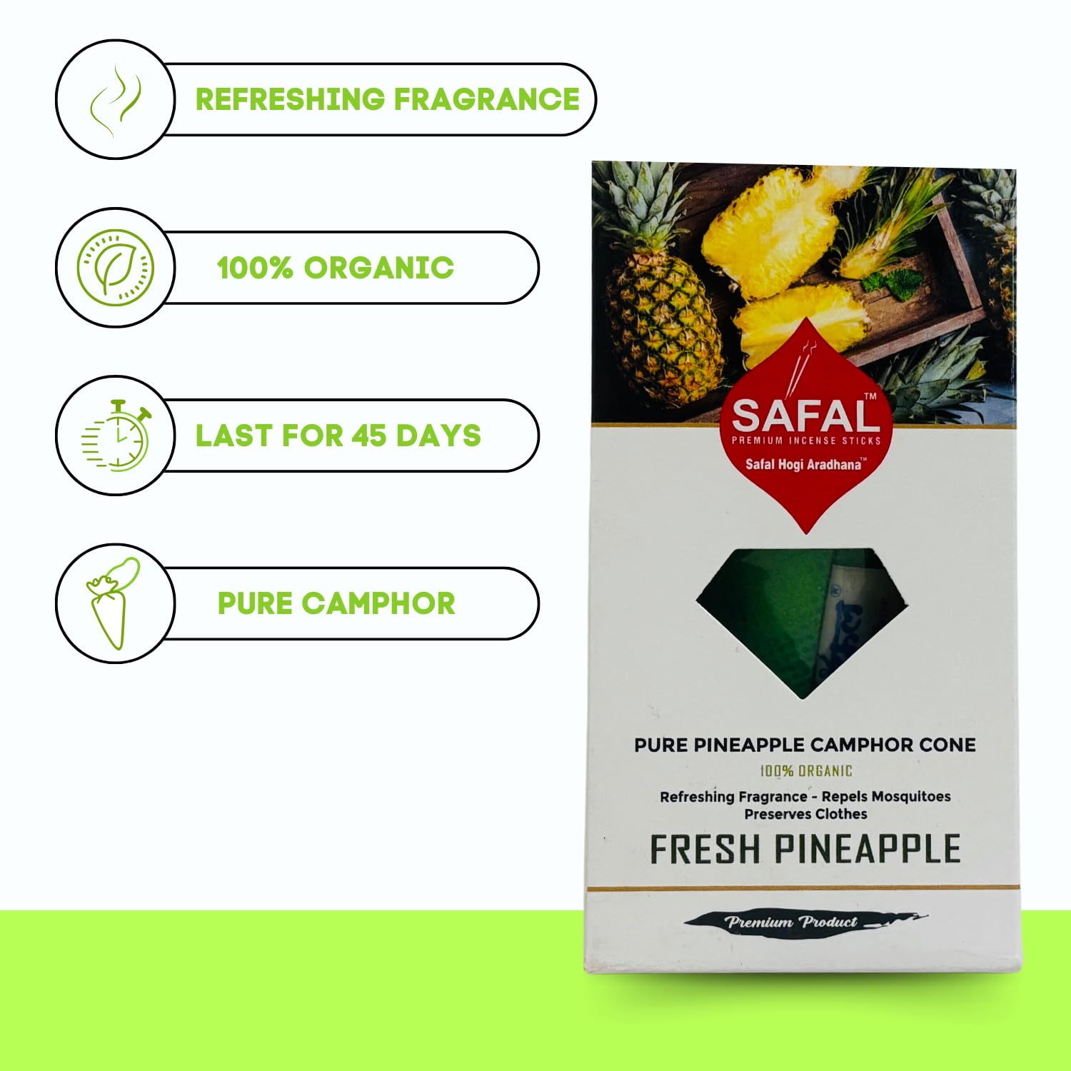 SAFAL Camphore Cone | Camphor Pods for Wardrobe | Pack of 2 | kapoor pods for room freshness | Air Freshener for Cars, Homes & Offices | Lasts up to 45 Days | Pure & Organic Camphor Cube (PINEAPPLE)