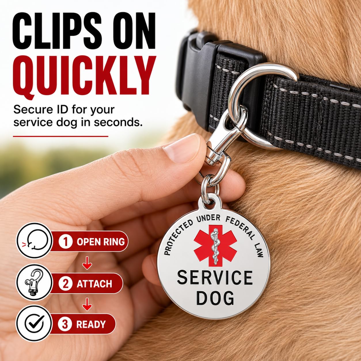 K9King Service Pet ID Tag - dwustronna ochrona federalna dla psa z czerwonym symbolem ostrzeżenia medycznego, 3,17 cm. Łatwo przymocować do kamizelki z uprzężą kołnierza