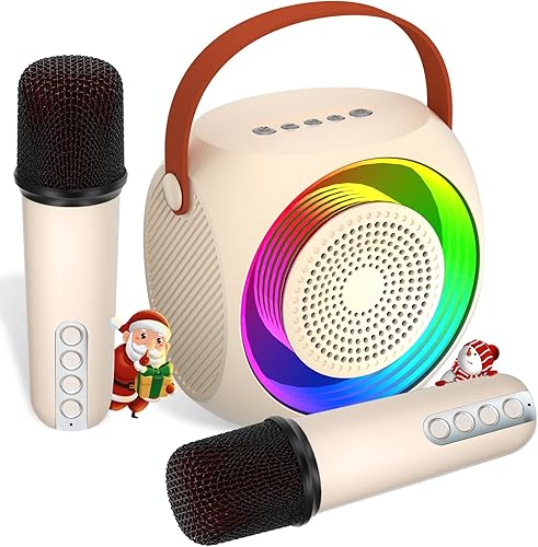 Máquina de karaoke para niños, mini altavoz de karaoke Bluetooth con 2 micrófonos inalámbricos y luces LED para adultos, regalos de cumpleaños para