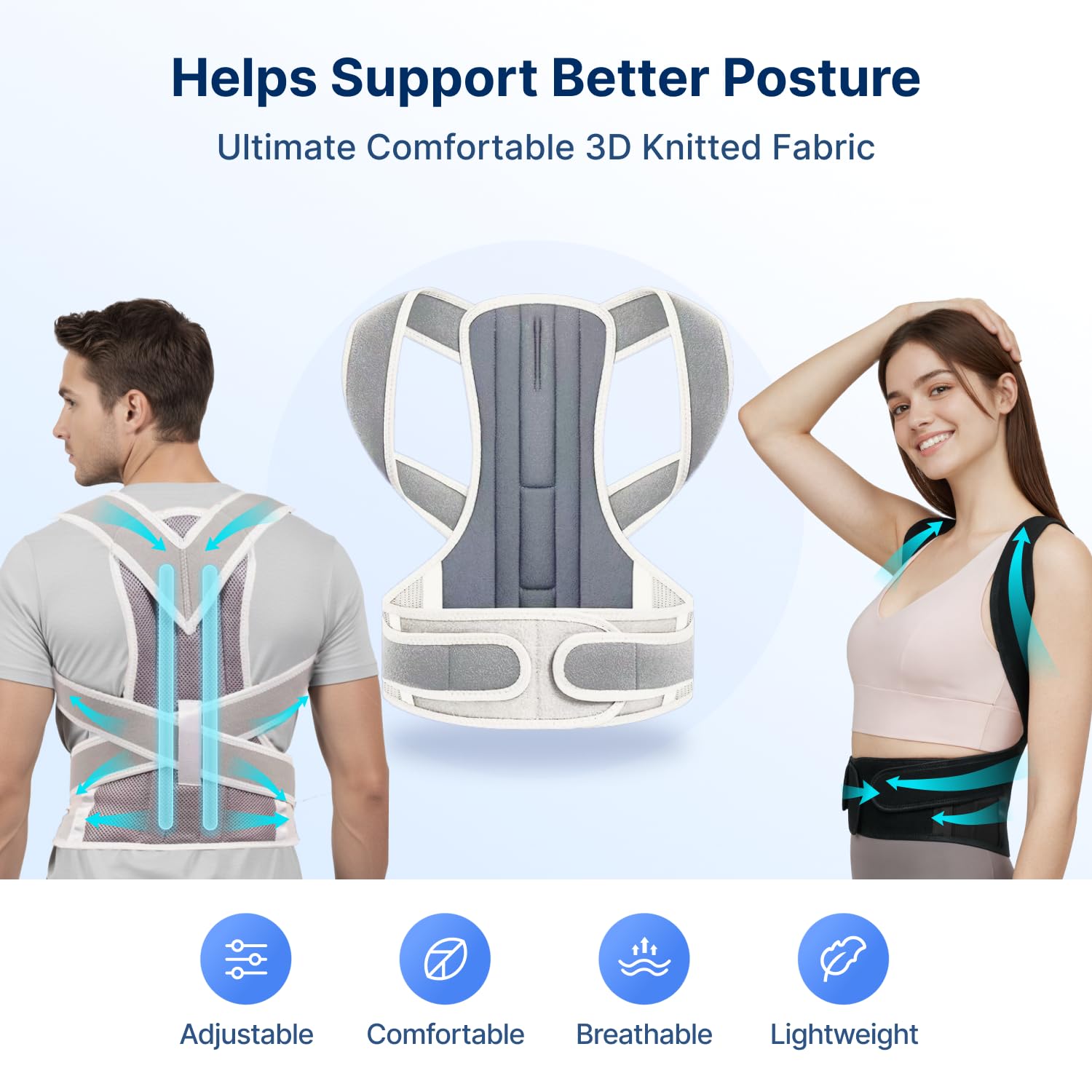 Adjustable Posture Corrector for Women & Men, Full Back Brace Support for Upper Back, Shoulder & Neck, Plus Size Back Brace for Posture & Lower Back Pain Relief(Gray, Large)