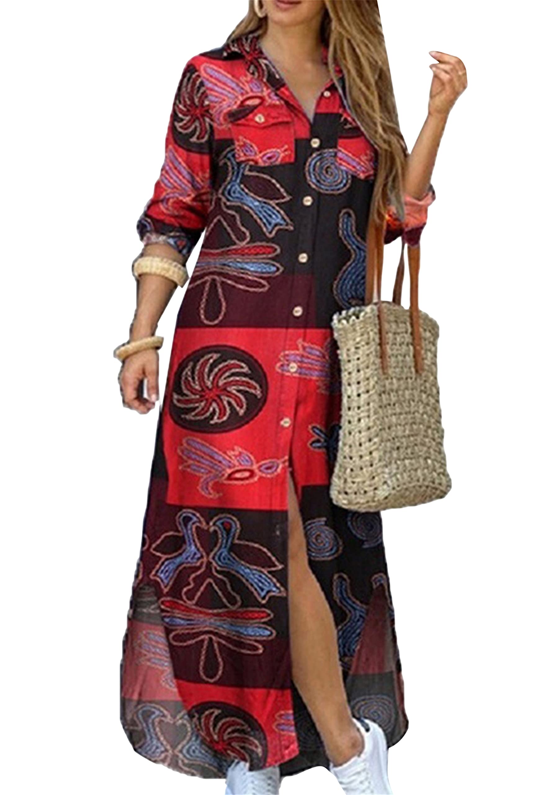 DIACACY Womens Button Down Rolled-up Sleeve Shirts Dresses Long Cotton Blouse Maxi Dress Red 3XL