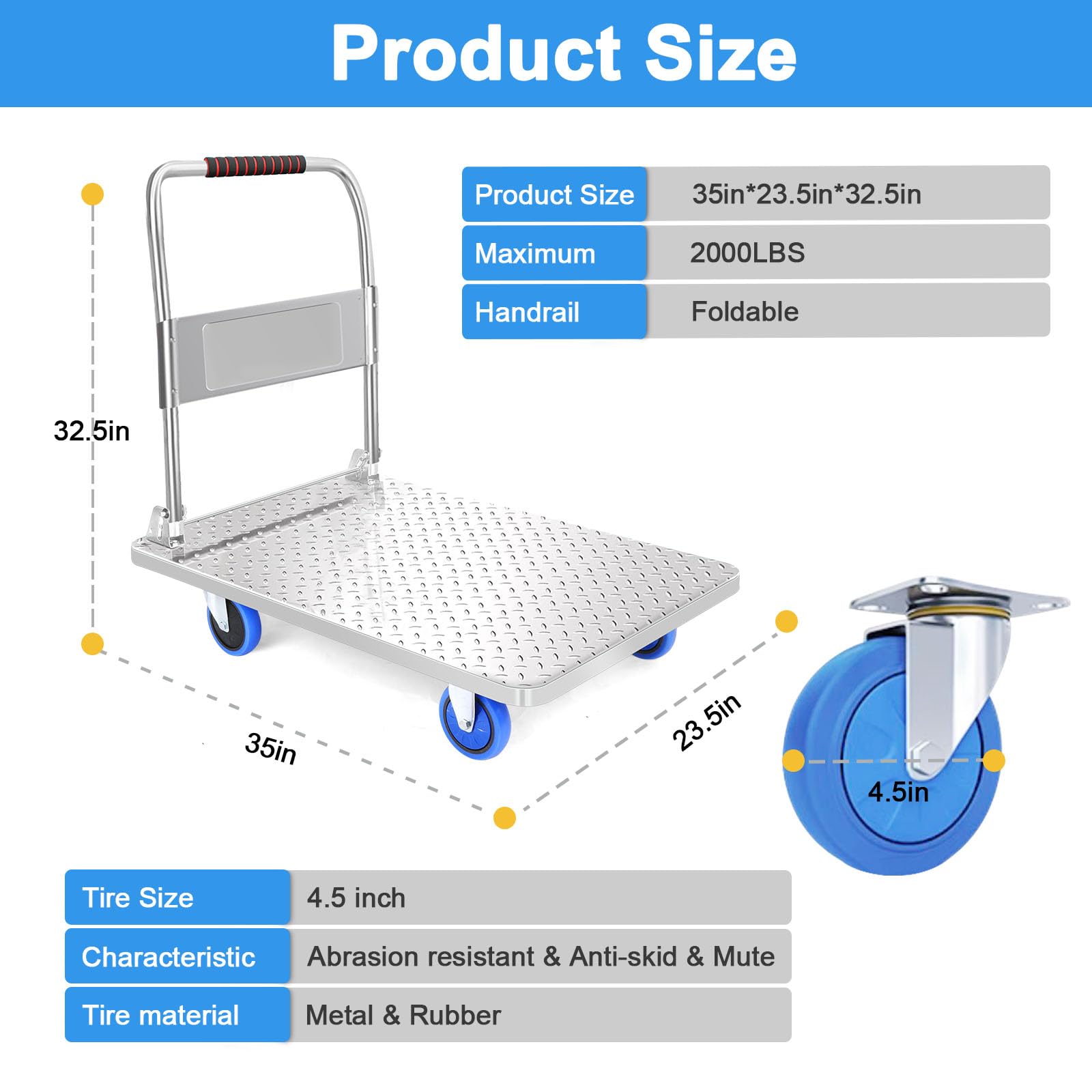 Carrello pieghevole in acciaio al carbonio carrello a mano resistente (58 x 89 cm)