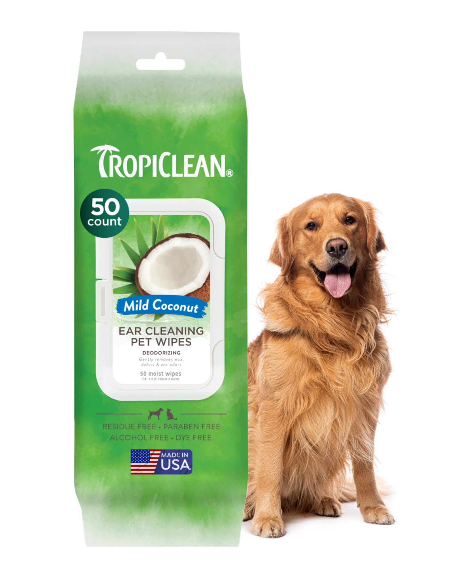 TropiClean Dog Ear Wipes, Dog Ear Cleaner, Soothing Itch Relief, Gently Removes Wax and Debris, Odor Eliminating, Safe for Daily Use, Cat Safe, 50ct.