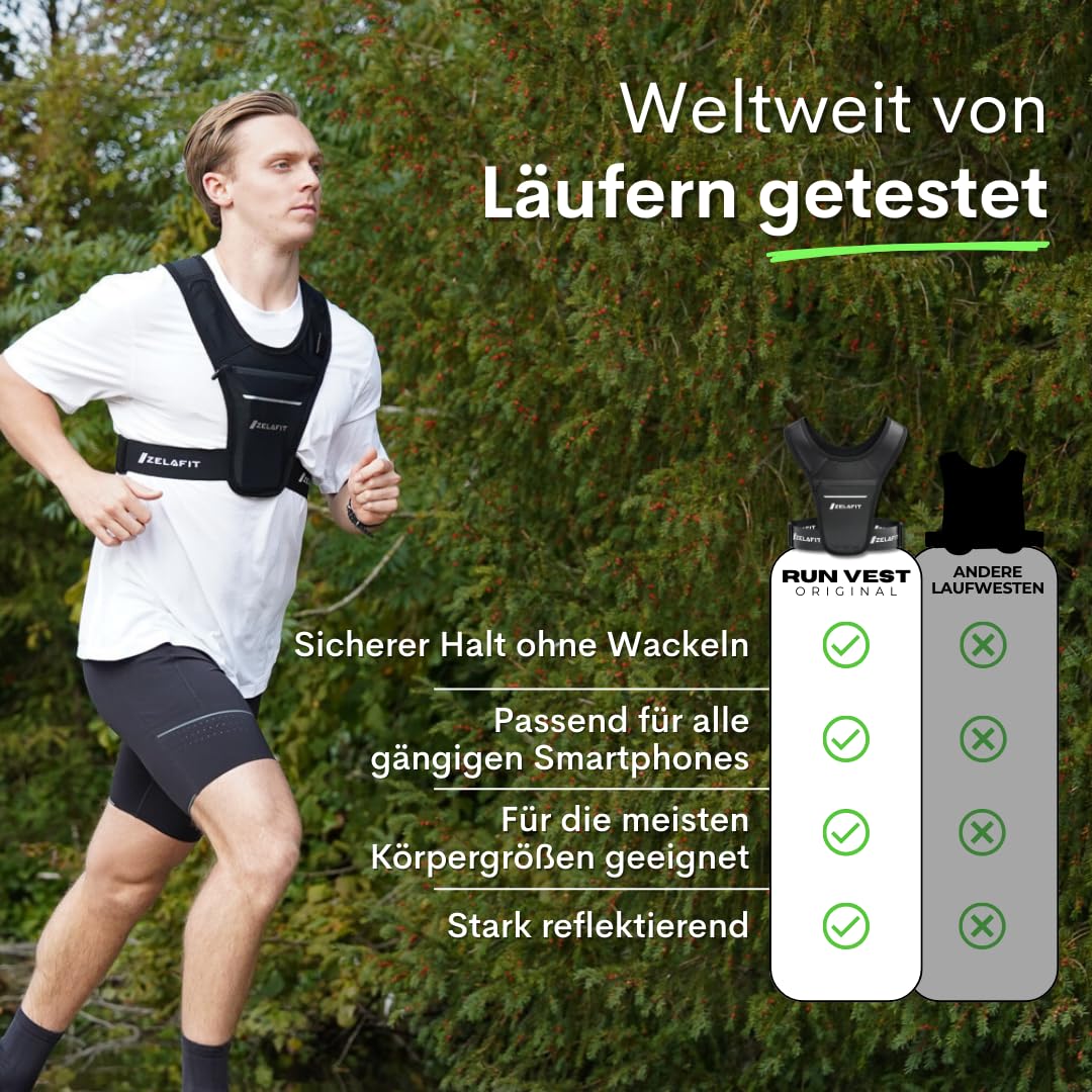 ZelaFit® Laufweste für Damen und Herren, Einheitsgröße, verstellbar, leichte Laufweste mit Reflektoren, wasserdichter Handytasche, Schlüsselhalter, kompakte Alternative zum Laufrucksack (Schwarz)