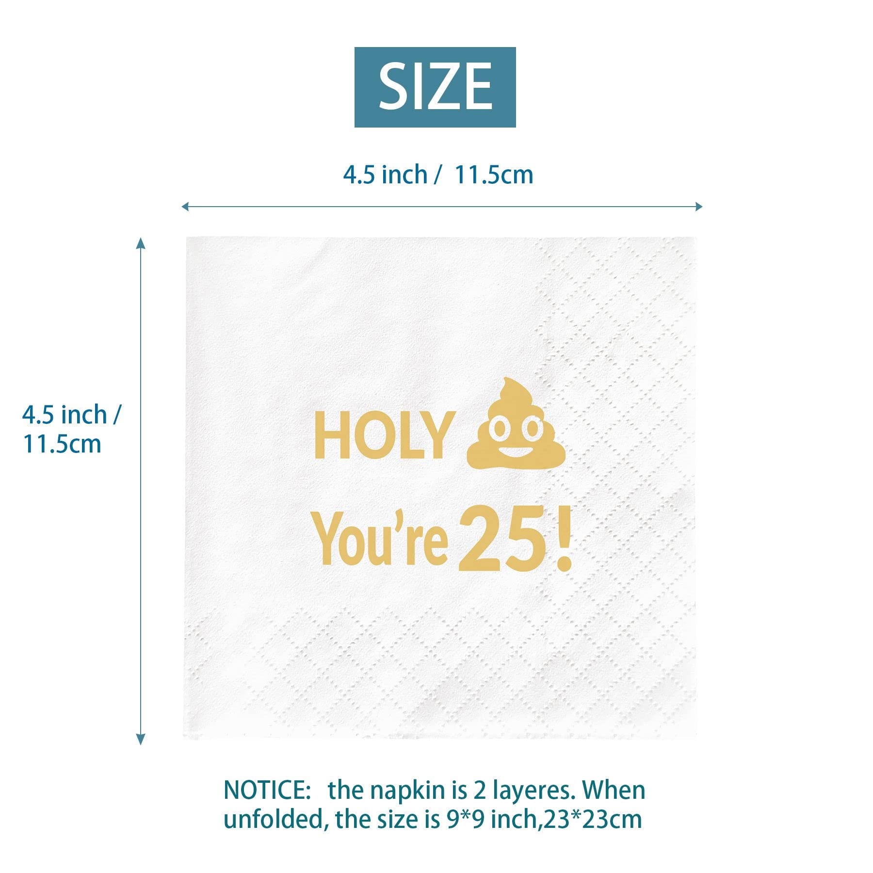 Holy You're 25 serwetek, prezent na 25 urodziny serwetki deserowe, artykuły na przyjęcie urodzinowe dla 25 lat, dekoracje upominki, 50-pak, 2-warstwowe, składane, 11,4 x 11,4 cm