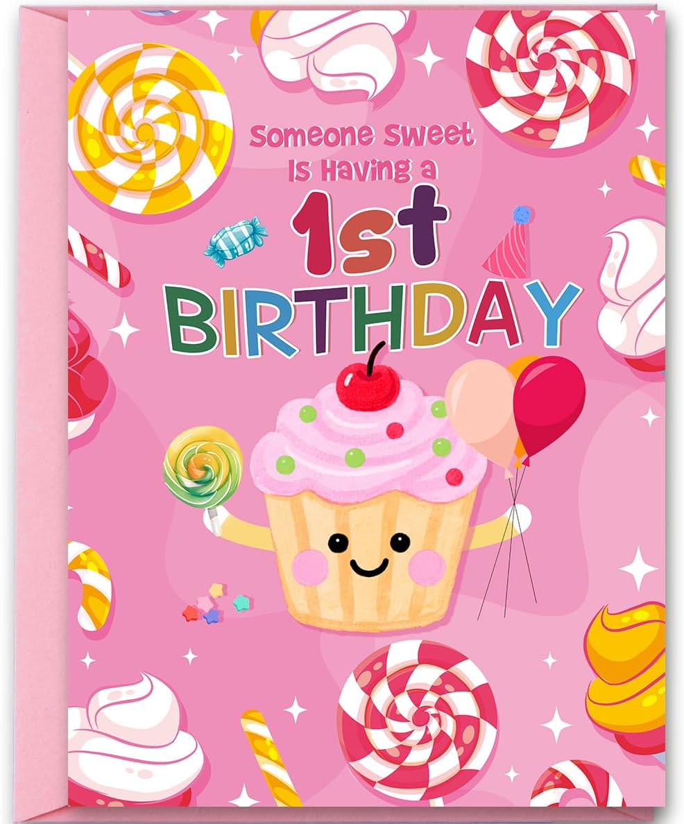 1st Birthday Card for Girl,1 Year Old Birthday Gifts,Cupcake and Candy First Bday Decorations for Her