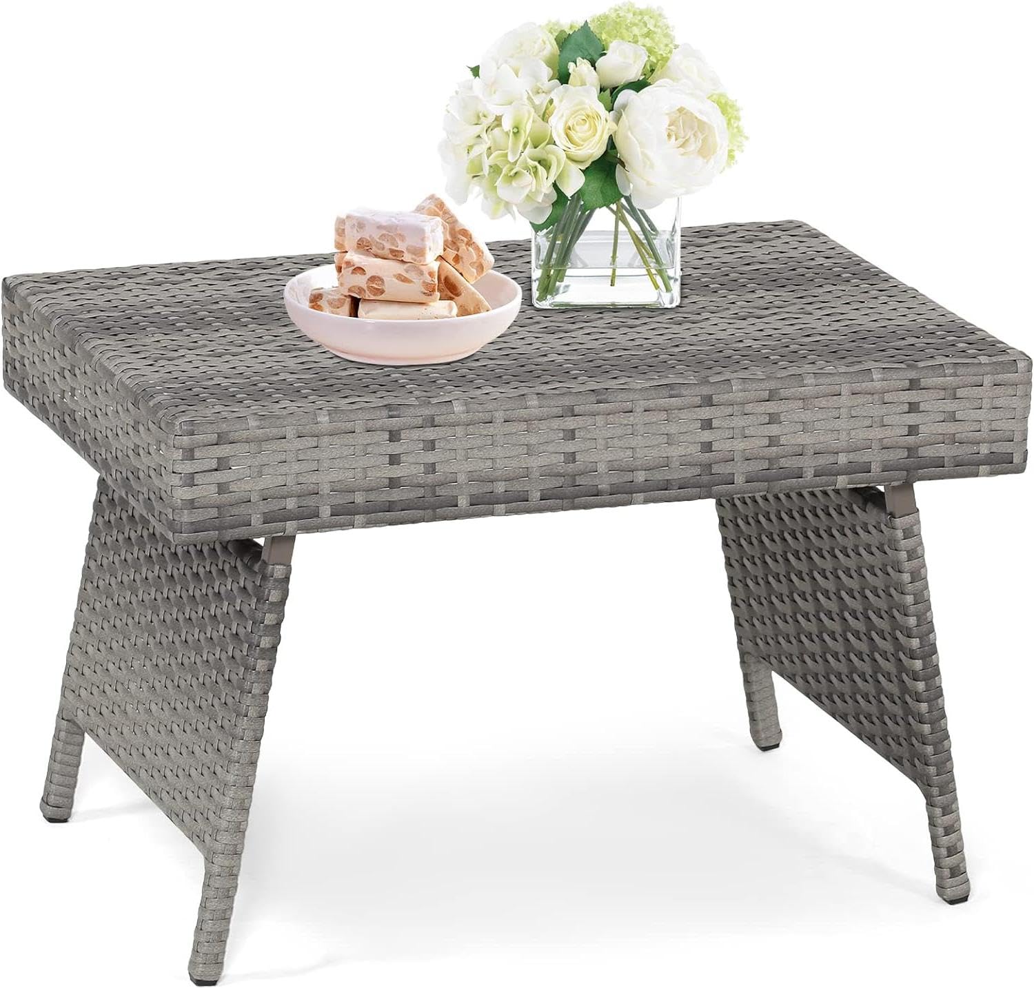ReunionG Outdoor Patio Wicker Table, Portable Folding Table with Rattan and Steel Frame, Leisure Coffee Table, All Weather Standing Side Table for Lawn Garden, Courtyard, Poolside (Grey)