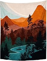 Vista 1 de YongColer Tapiz hippie bohemio de bosque de montaña, árbol natural, atardecer, lago, para colgar en la pared, dormitorio, al aire libre, playa