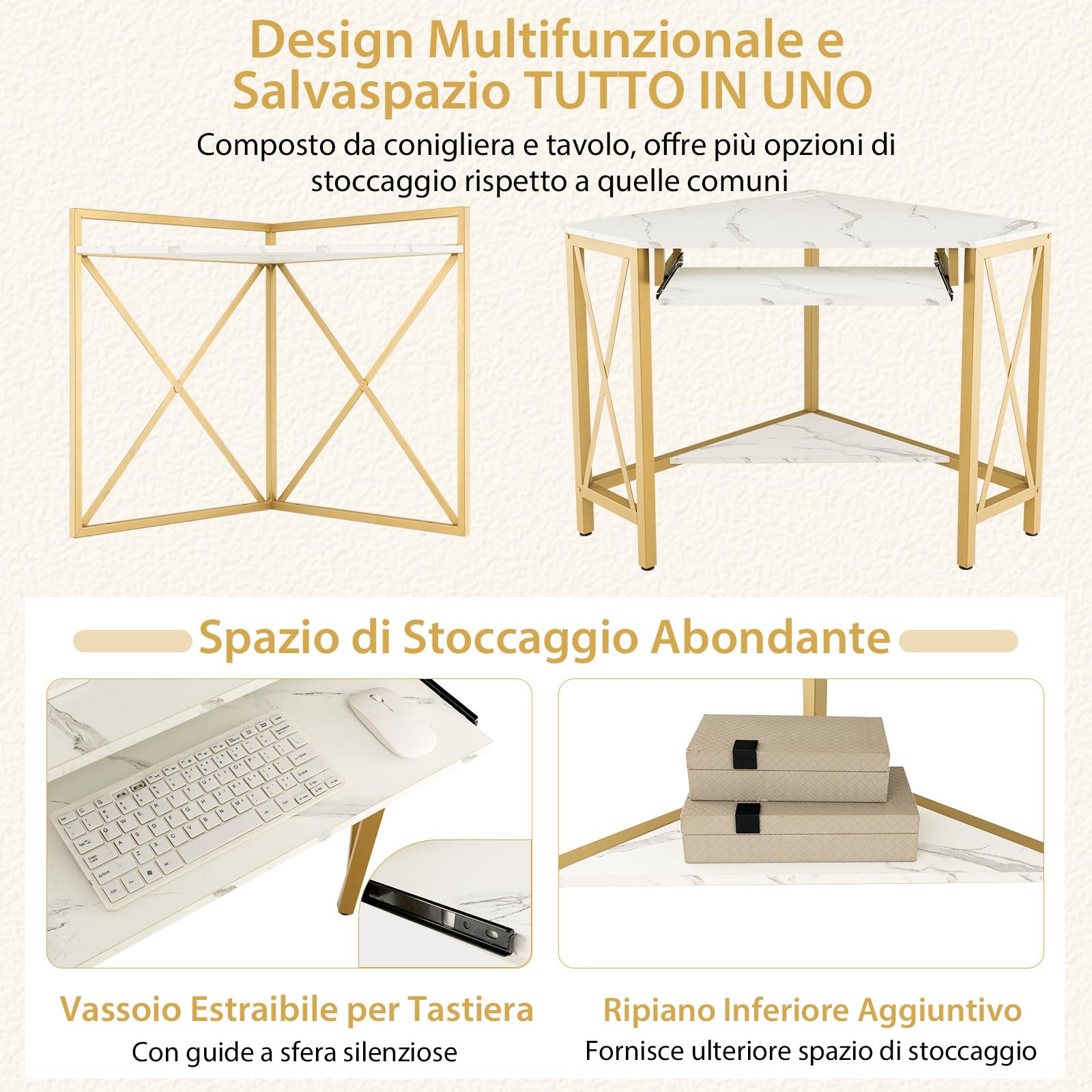 GYMAX Scrivania Angolare per Computer con Prese e Porte USB, Scrivania d'Angolo con Ripiani e Porta Tastiera, per Ufficio Casa Salvaspazio (Bianco)