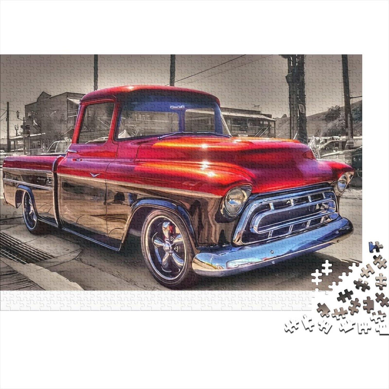 Classic Red Pickup Brainteasing Recycled Cardboard Puzzle Jigsaw Decorative Colourful Red Vintage Truck for Kids Educational Games 70x50cm/1000pcs
