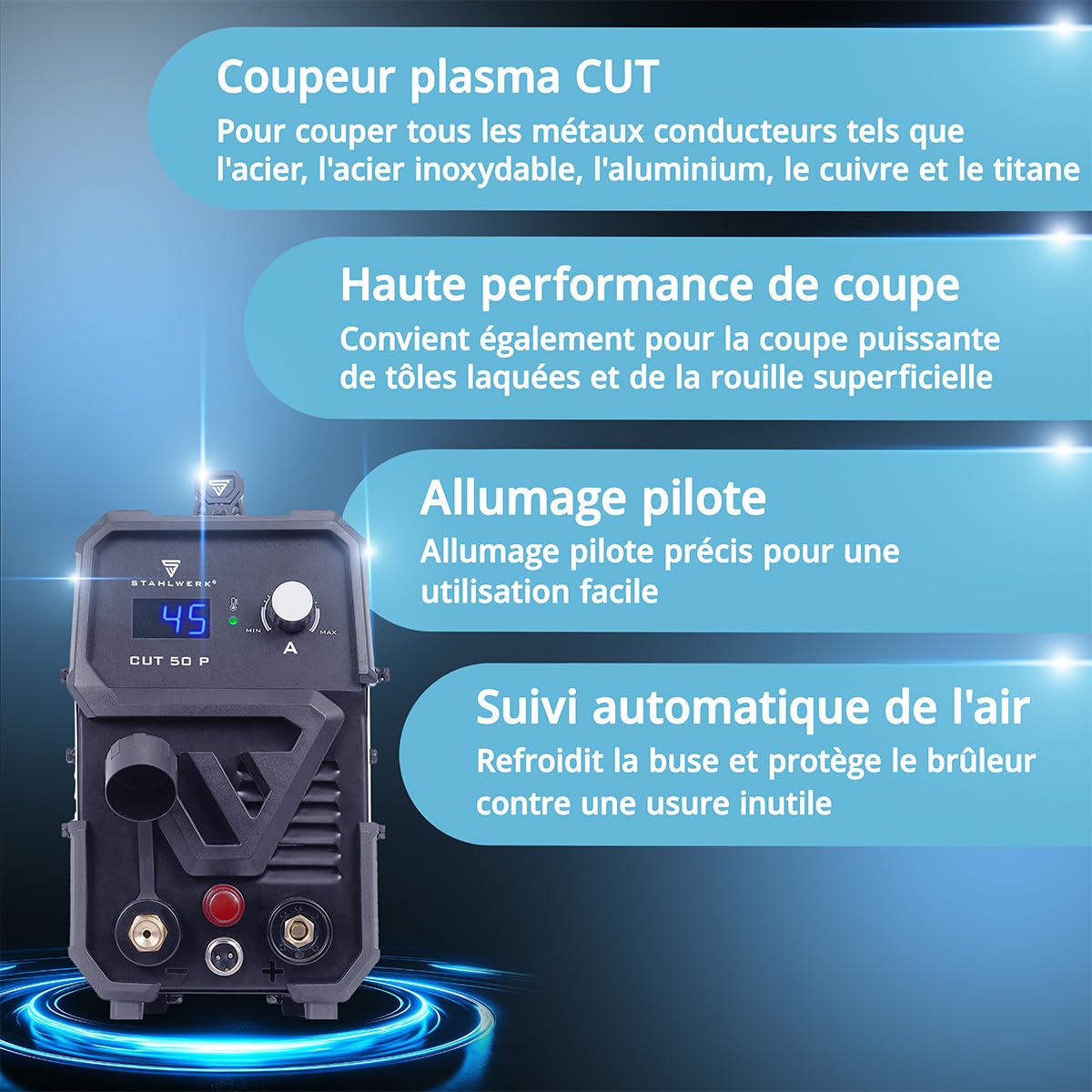 STAHLWERK Découpeur plasma CUT 50 P – Poste de découpe plasma de 15 à 45 A, capacité de coupe jusqu'à 15 mm, Plasma Cutter avec amorçage pilote HF, Smart Cooling, avec de nombreux accessoires
