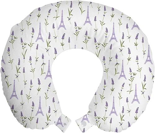Ambesonne Eiffel - Almohada de viaje para el cuello, patrón con flores de lavanda, torre Eiffel rústica inspirada en primavera, accesorio de viaje