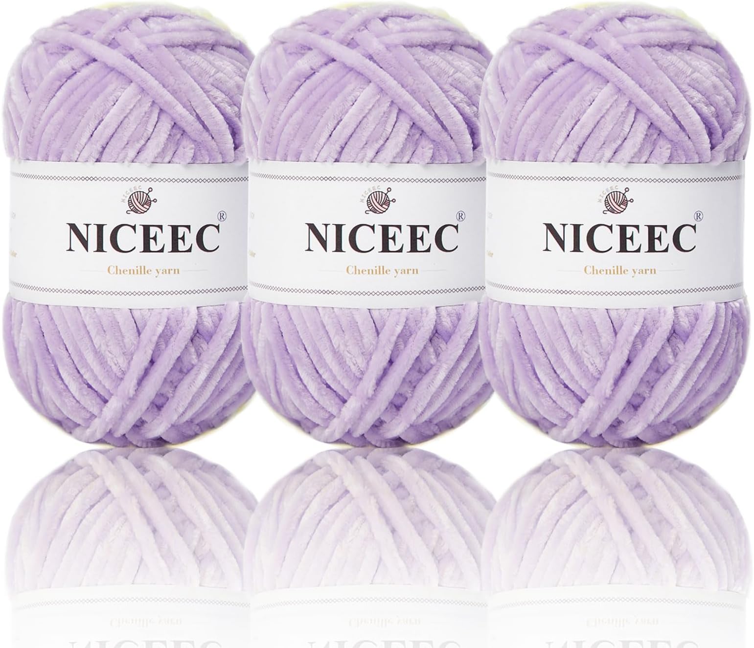 NICEEC 3 Skeins Soft Chenille Yarn Blanket Yarn for Knitting Fancy Yarn for Crochet Weaving DIY Craft Total Length 3×85m (3×93yds, 3×50g)_Light Purple