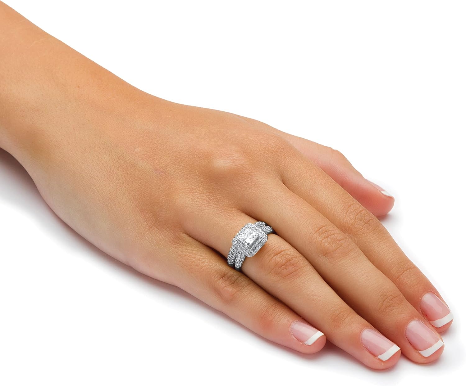 PalmBeach Platinum-plated Sterling Silver Princess Cut Cubic Zirconia Halo Bridal Ring Set Sizes 5-10
